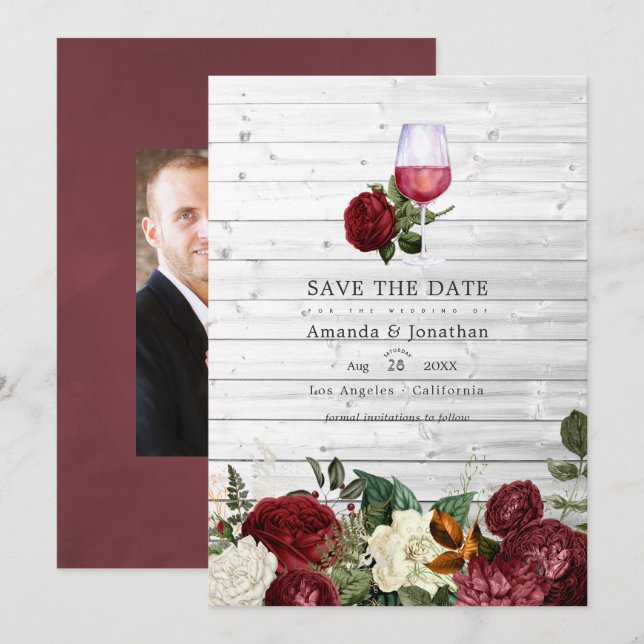 Burgundy Floral Wine Tasting Wedding Photo Save The Date (Front/Back)