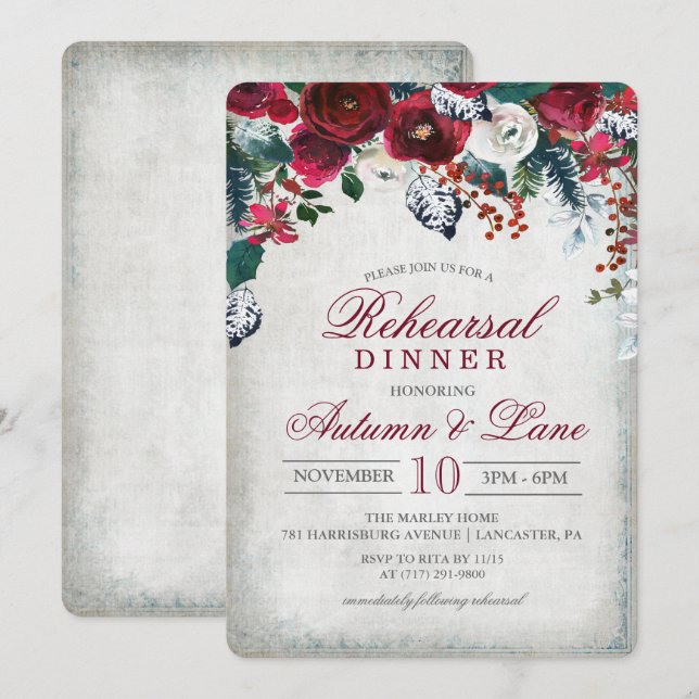 Burgundy Floral Winter Rehearsal Dinner Invitation (Front/Back)