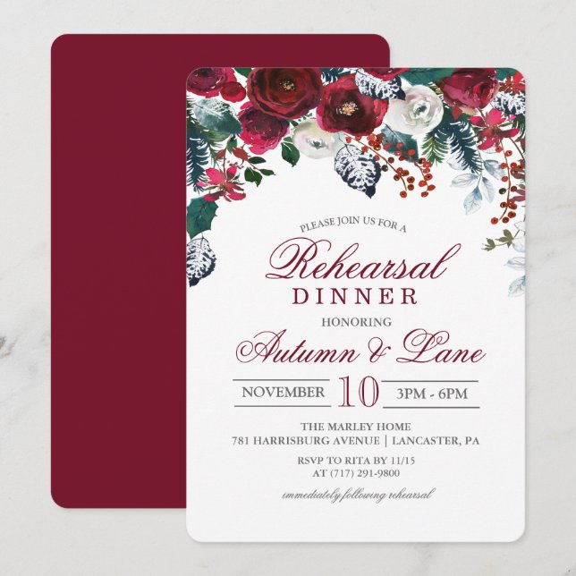Burgundy Floral Winter Rehearsal Dinner Invitation (Front/Back)