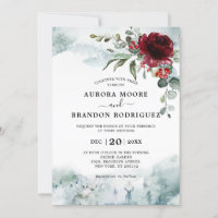 Burgundy floral winter snow wedding