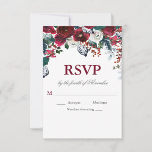 Burgundy Floral Winter Wedding RSVP Card