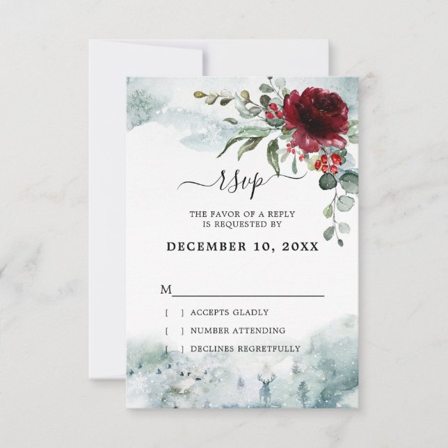 Burgundy Floral Winter wonderland wedding RSVP Card (Front)