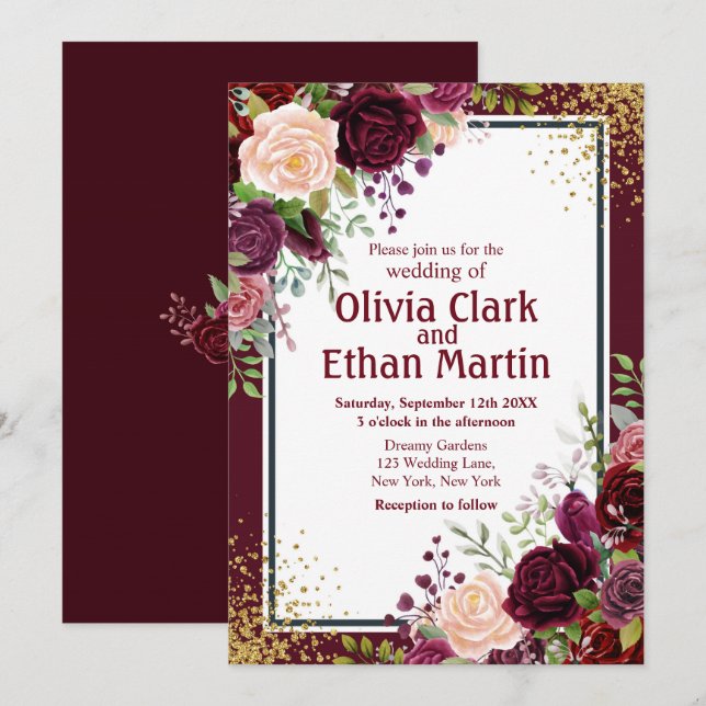 Burgundy Floral with Gold Glitter Confetti Invitation (Front/Back)