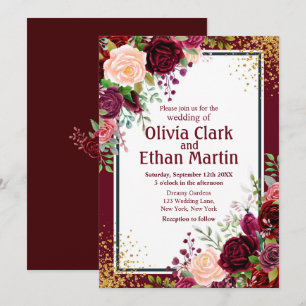 Burgundy Floral with Gold Glitter Confetti Invitation