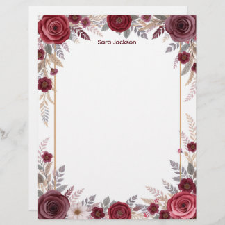 Burgundy Floral with Gray Accents Stationery Paper Custom Letterhead