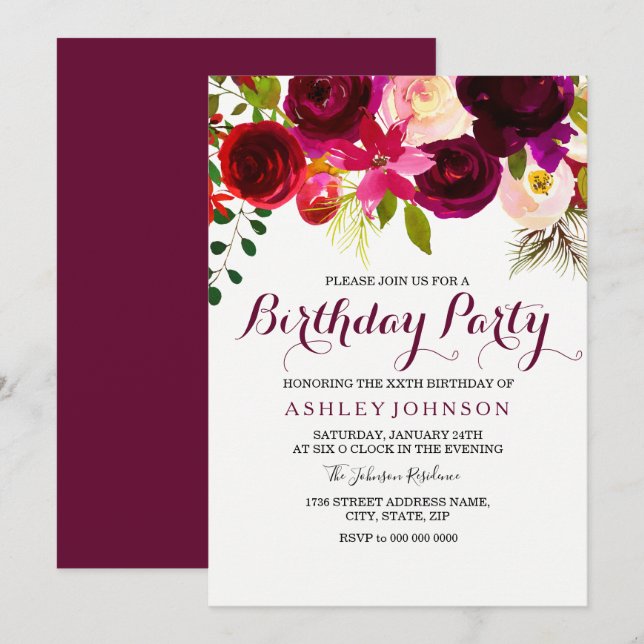 Burgundy Floral Womans Birthday Party Invitation (Front/Back)