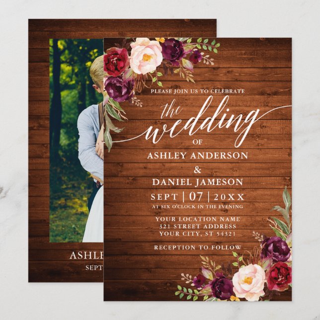 Burgundy Floral Wood Calligraphy Photo Wedding Invitation (Front/Back)