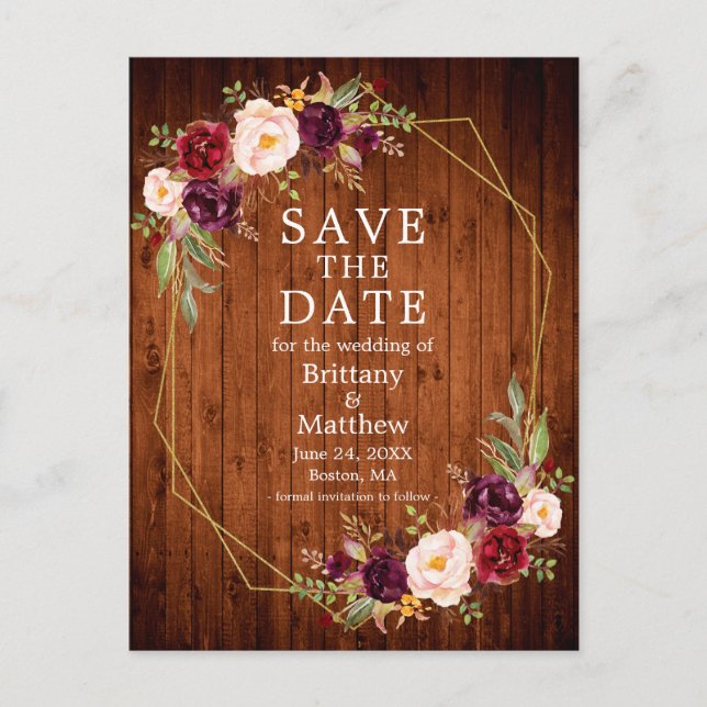 Burgundy Floral Wood Geo Frame Save the Date Postcard (Front)