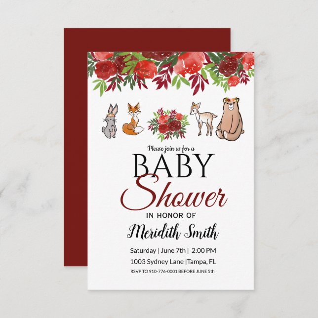 Burgundy Floral Woodland Animals Baby Shower Invitation (Front/Back)