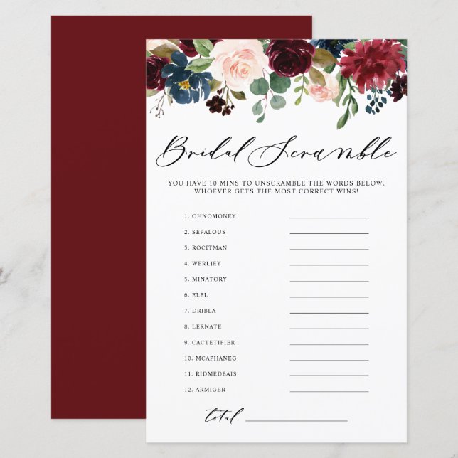 Burgundy Floral Word Scramble Bridal Shower Game (Front/Back)