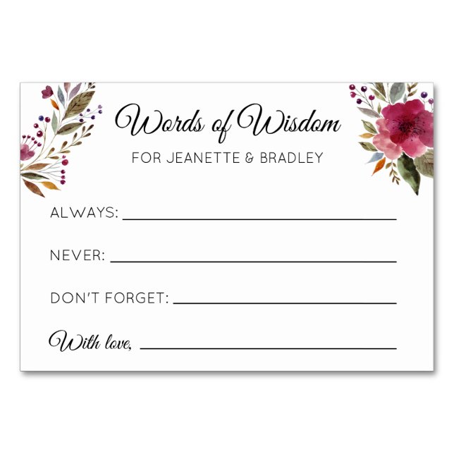 Burgundy Floral Words of Wisdom Advice Cards (Front)