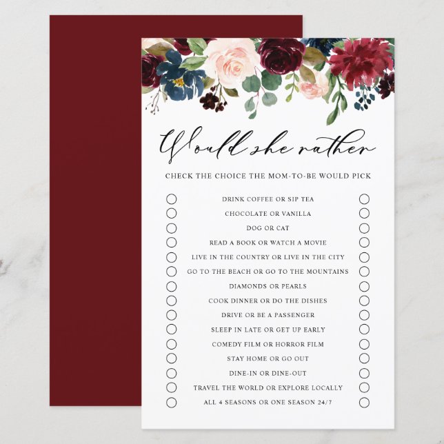 Burgundy Floral Would She Rather Baby Shower Game (Front/Back)