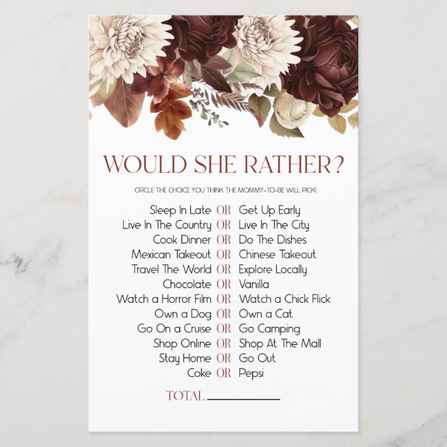 Burgundy Floral Would She Rather Baby Shower Game (Front)