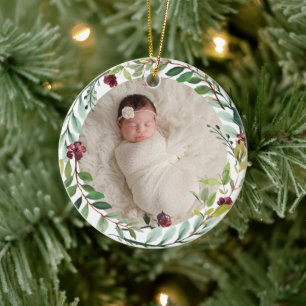 Burgundy Floral Wreath Baby Girl First Christmas Ceramic Tree Decoration