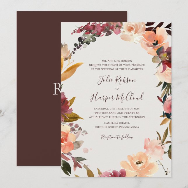 Burgundy Floral Wreath | Beige Traditional Wedding Invitation (Front/Back)
