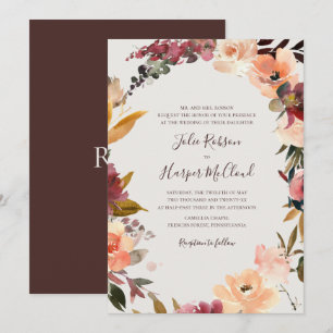 Burgundy Floral Wreath   Beige Traditional Wedding Invitation