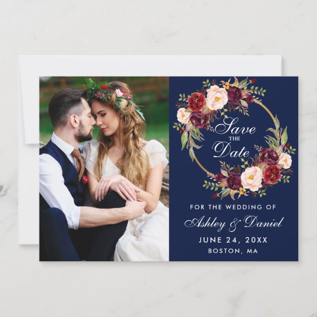 Burgundy Floral Wreath Blue Save The Date Photo B (Front)