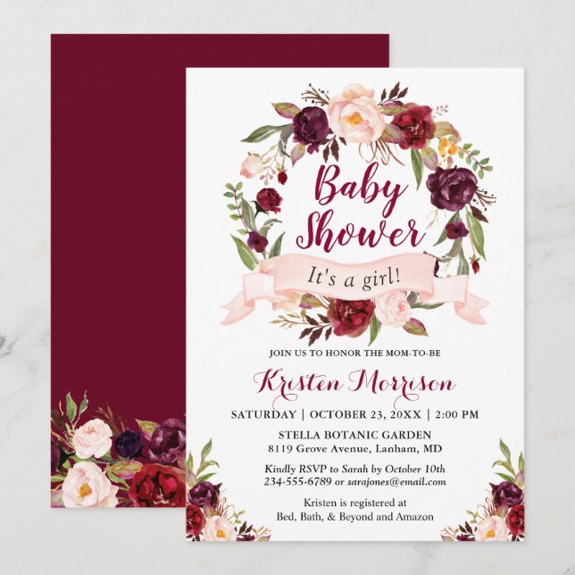 Burgundy Floral Wreath Blush Ribbon Baby Shower Invitation (Front/Back)