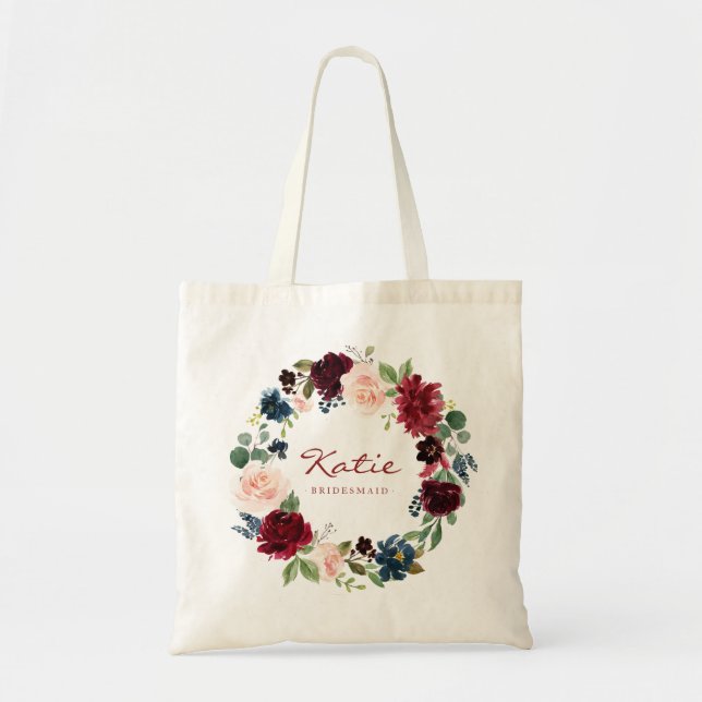 Burgundy Floral Wreath Bridesmaid Gift Tote Bag (Front)