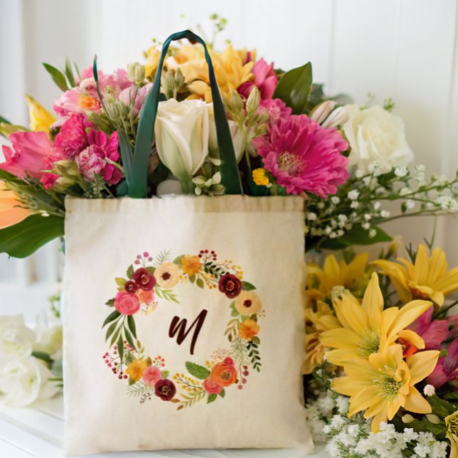 Burgundy Floral Wreath Bridesmaid Initial  Tote Bag (Creator Uploaded)
