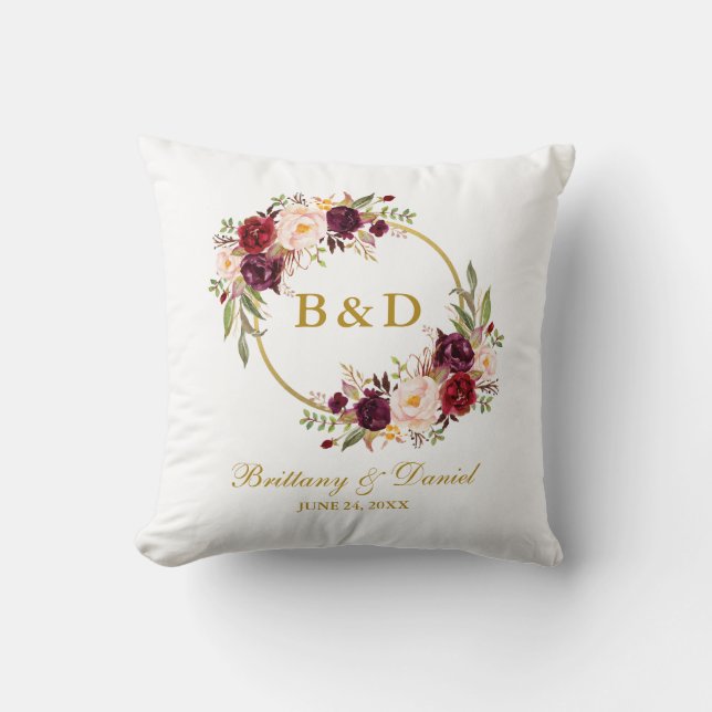 Burgundy Floral Wreath Gold Monogram Wedding Cushion (Front)