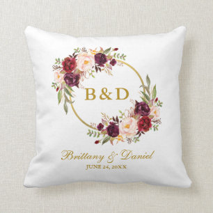 Burgundy Floral Wreath Gold Monogram Wedding Cushion