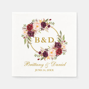 Burgundy Floral Wreath Gold Monogram Wedding Napkin