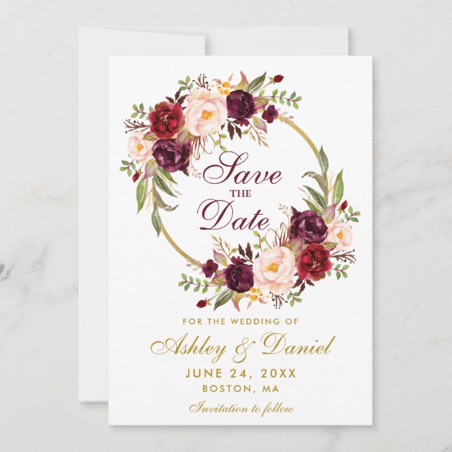 Burgundy Floral Wreath Gold Save The Date (Front)