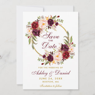 Burgundy Floral Wreath Gold Save The Date Brg