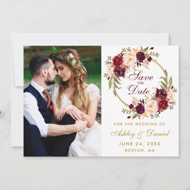 Burgundy Floral Wreath Gold Save The Date Photo (Front)