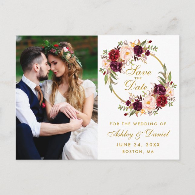 Burgundy Floral Wreath Gold Save The Date Photo Postcard (Front)