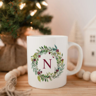 Burgundy Floral Wreath Initial Monogram Coffee Mug
