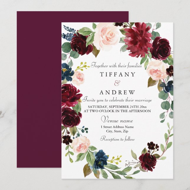 Burgundy Floral Wreath Modern Elegant Wedding Invitation (Front/Back)
