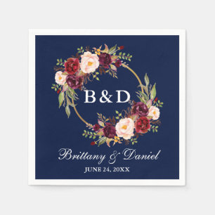 Burgundy Floral Wreath Monogram Blue Wedding Napkin