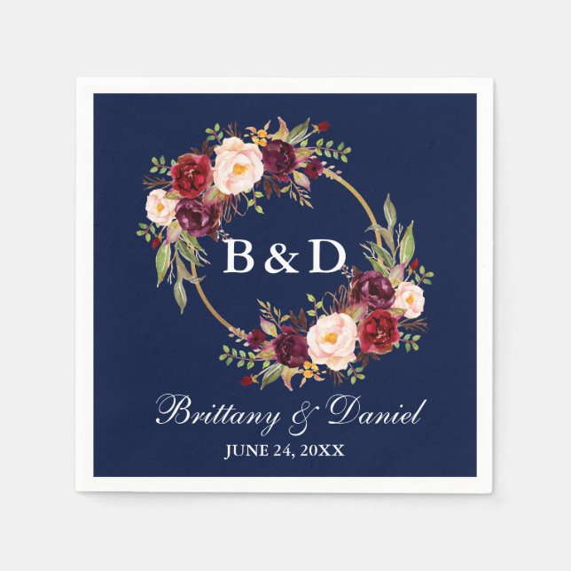 Burgundy Floral Wreath Monogram Blue Wedding Napkin (Front)