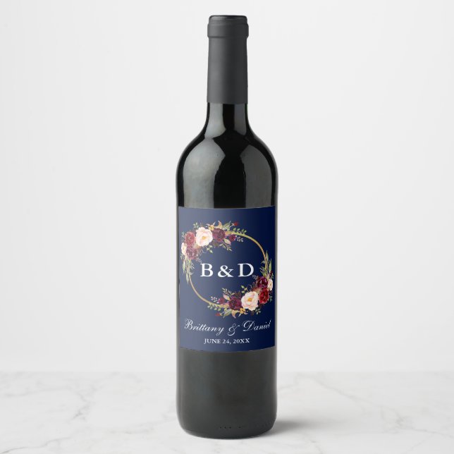 Burgundy Floral Wreath Monogram Blue Wedding Wine Label (Front)