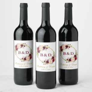 Burgundy Floral Wreath Monogram Gold Wedding Wine Label