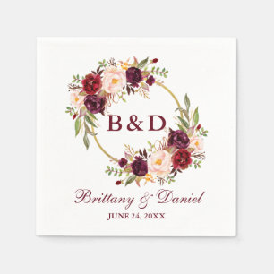 Burgundy Floral Wreath Monogram Wedding Napkin