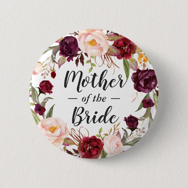 Burgundy Floral Wreath Mother of the Bride Groom 6 Cm Round Badge (Front)