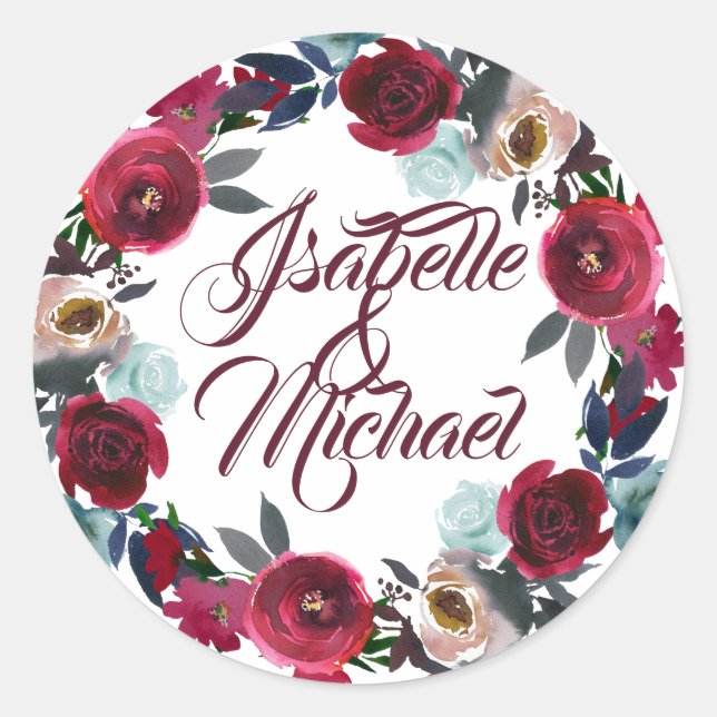 Burgundy Floral Wreath Personalised Wedding Classic Round Sticker (Front)