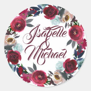 Burgundy Floral Wreath Personalised Wedding Classic Round Sticker