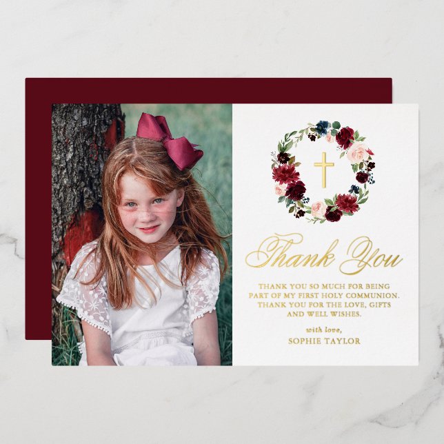 Burgundy Floral Wreath Photo First Holy Communion Foil Holiday Card (Front/Back)