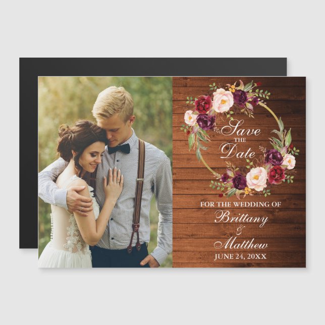 Burgundy Floral Wreath Rustic Wood Save The Date Magnetic Invitation (Front/Back)