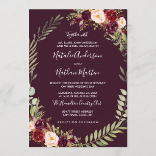 Burgundy Floral Wreath Watercolor Frame Wedding Invitation