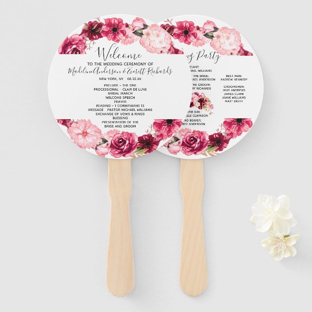 Burgundy Floral Wreath Wedding Ceremony Program Hand Fan (Front and Back)