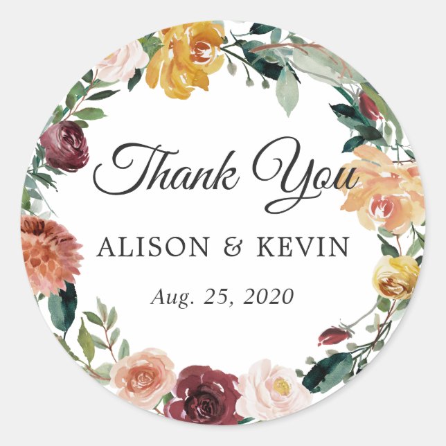 Burgundy Floral Wreath Wedding Favour Thank You Classic Round Sticker (Front)