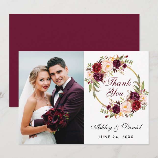 Burgundy Floral Wreath Wedding Photo Thanks Card (Front/Back)
