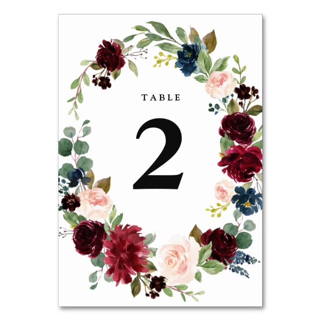 Burgundy floral wreath wedding Table number (Front)