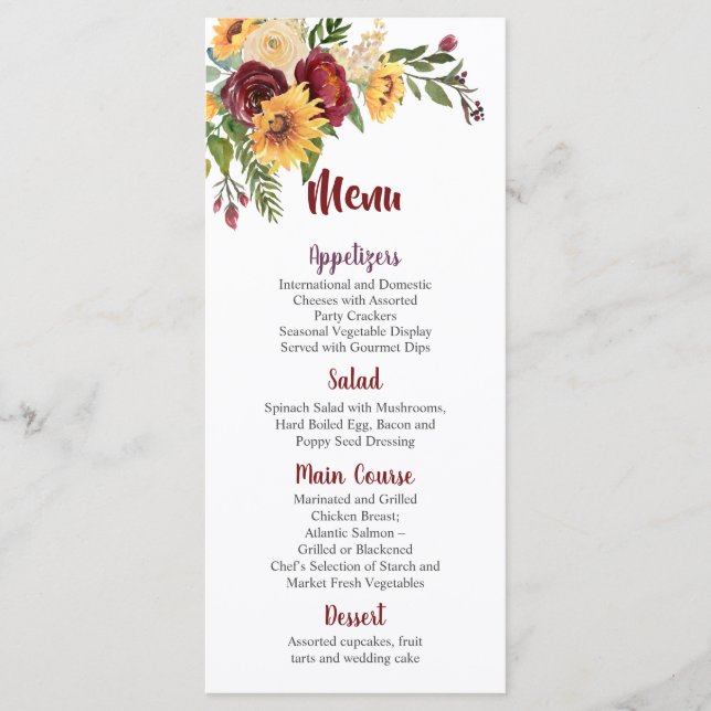 Burgundy Floral Yellow Sunflowers Wedding Menu (Front)