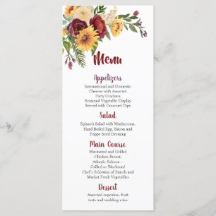 Burgundy Floral Yellow Sunflowers Wedding Menu